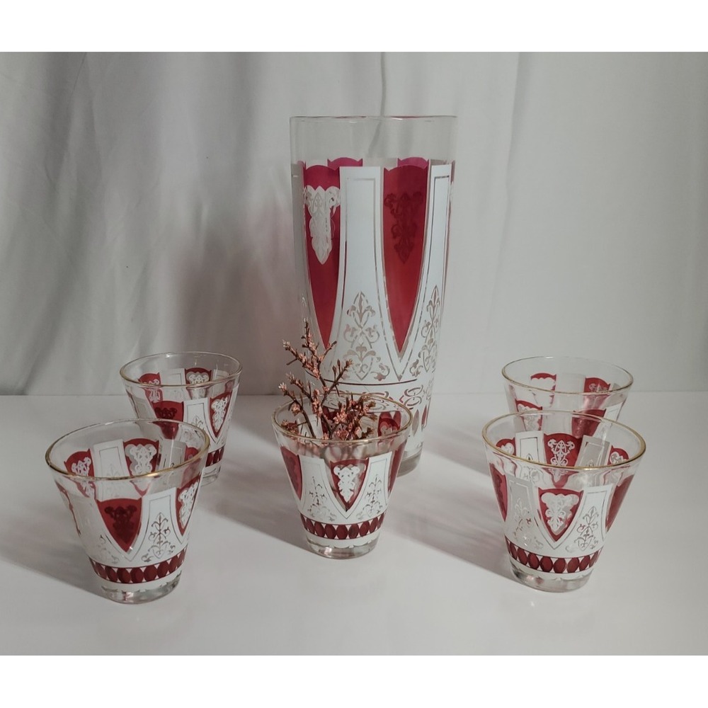 Set Of 6 Vintage Libbey Glass Co MCM Cranberry & Gold Scroll shot iced tea vase